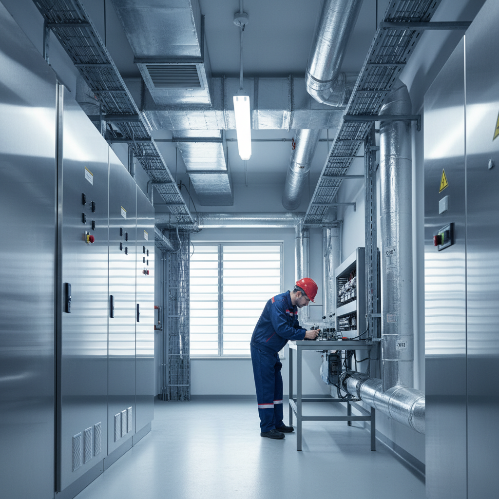 Certified electrician inspecting circuit board in a high-tech, well-lit commercial plant room.