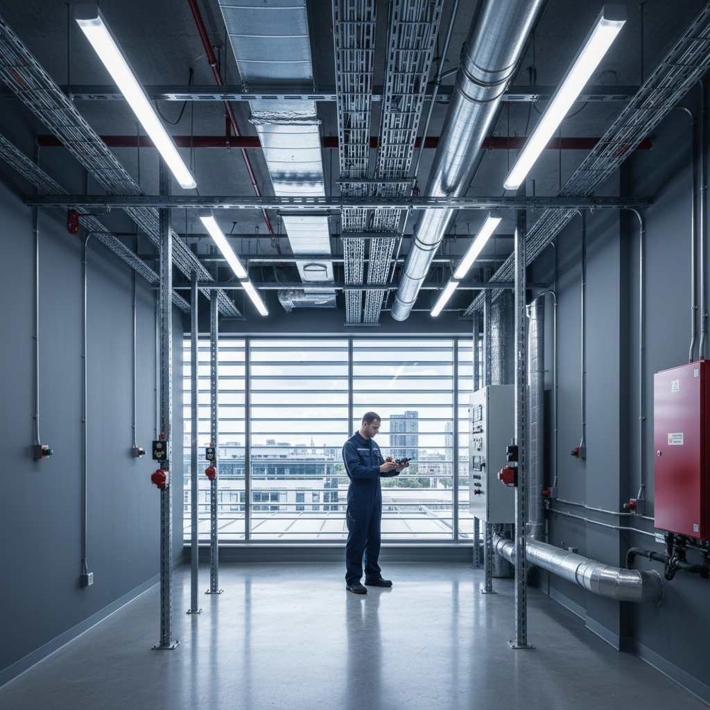 Electrician inspecting control panel in modern, clean plant room with stainless steel ducts and city view.