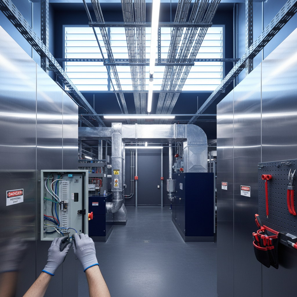 Electrician wiring control panel in modern industrial plant room with stainless steel and safety accents.