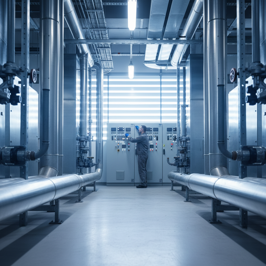 Engineer adjusting control panel in modern, well-lit commercial plant room with HVAC equipment.