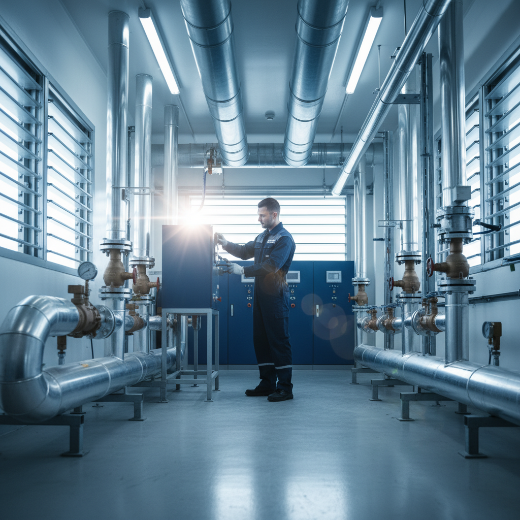 Engineer adjusting gas pressure gauge in a modern industrial plant room with stainless steel pipes.