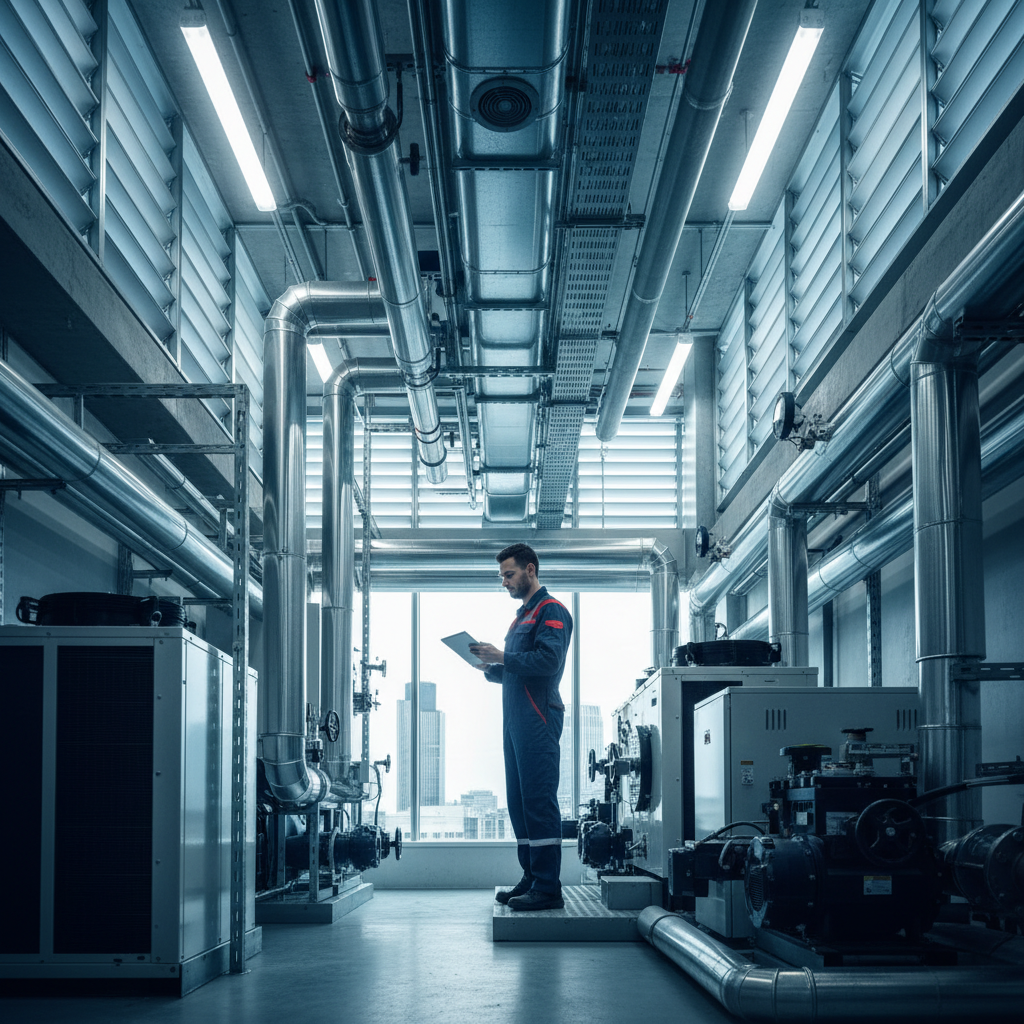 Engineer reviewing digital blueprints in a modern, industrial plant room with London skyline background.