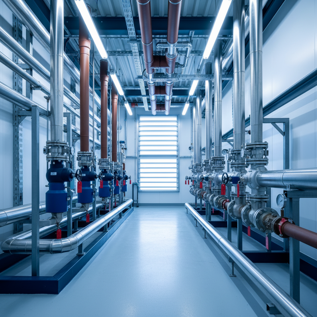Hyper-realistic view of a high-tech plant room with stainless steel pipes, valves, and safety tags.