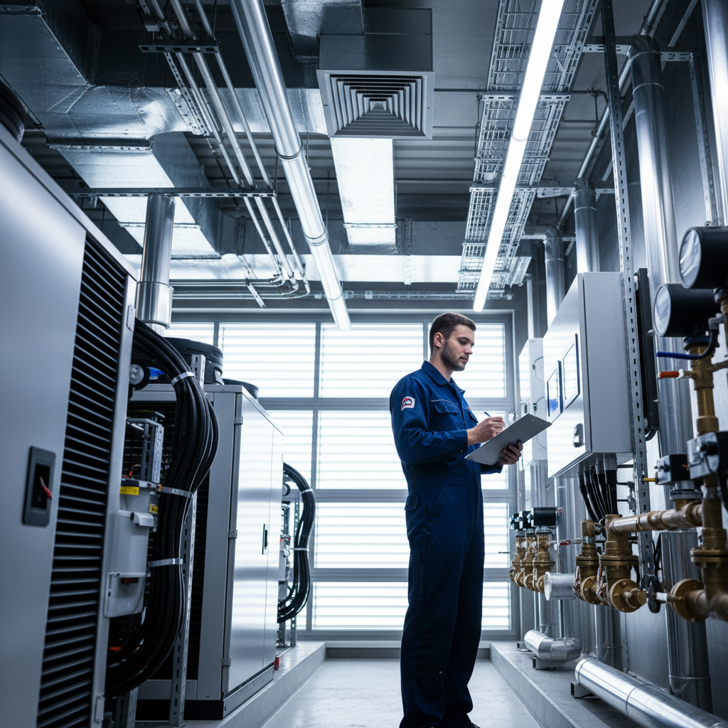 Maintenance worker inspects digital meter in modern, clean industrial plant room with stainless steel pipes.