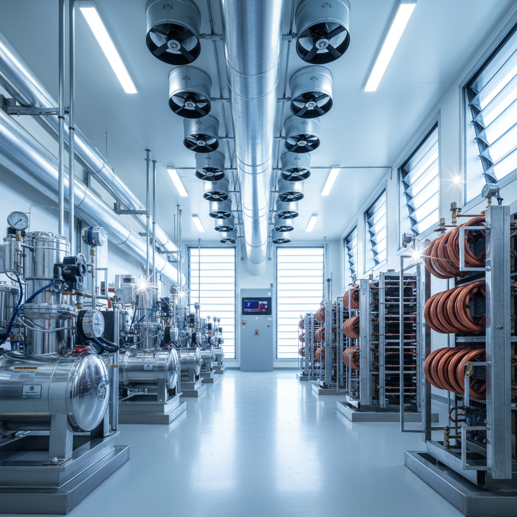 Pristine industrial plant room with stainless steel compressors, gauges, ductwork, and digital thermostat.