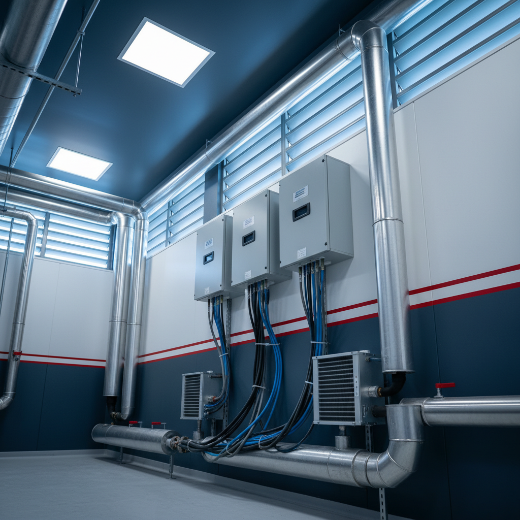 Pristine industrial plant room with stainless steel pipes, electrical cables, and HVAC equipment.