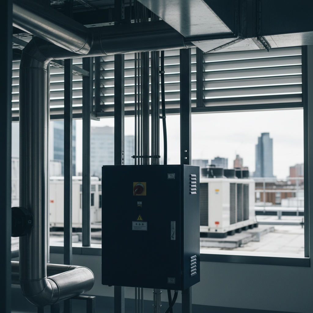 Pristine London plant room with stainless steel pipes, navy control panel, rooftop skyline view.