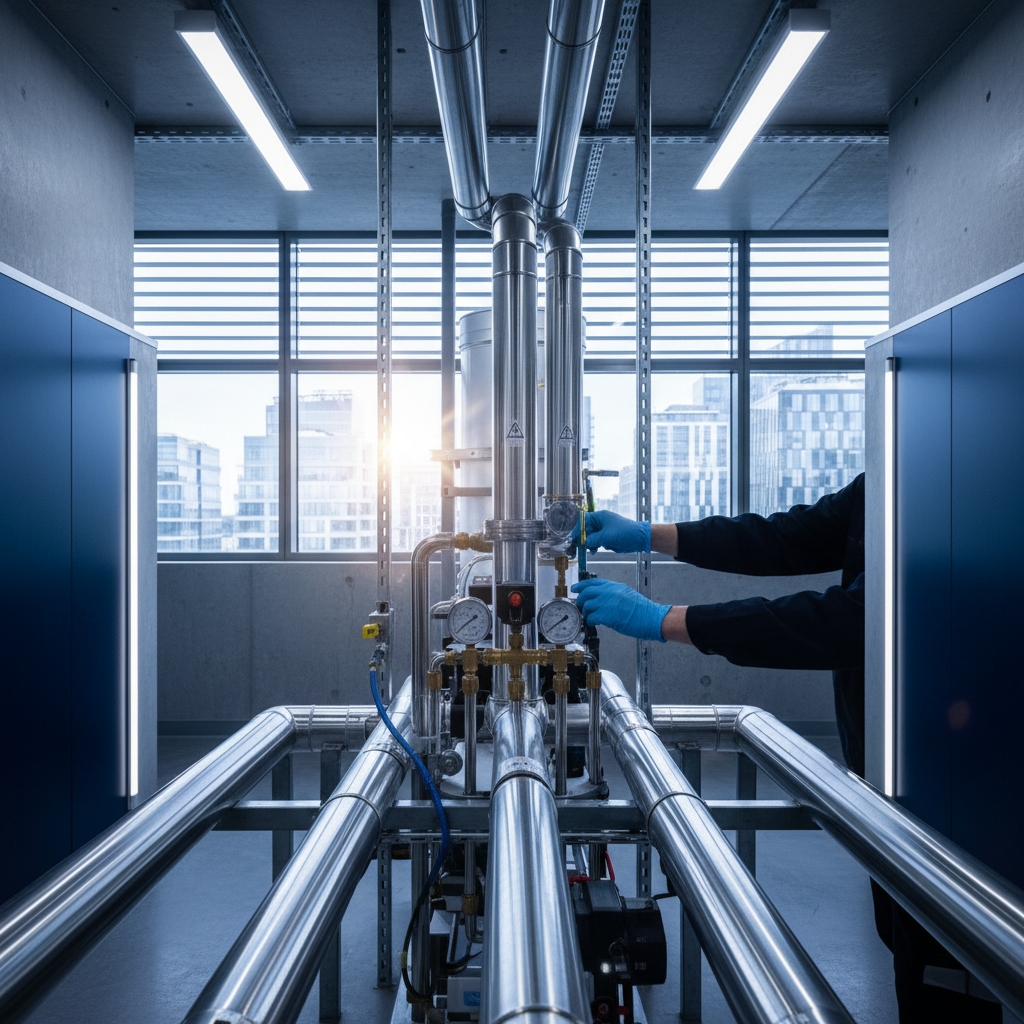 Technician adjusting gauges on heat pump in modern commercial plant room with city skyline view.