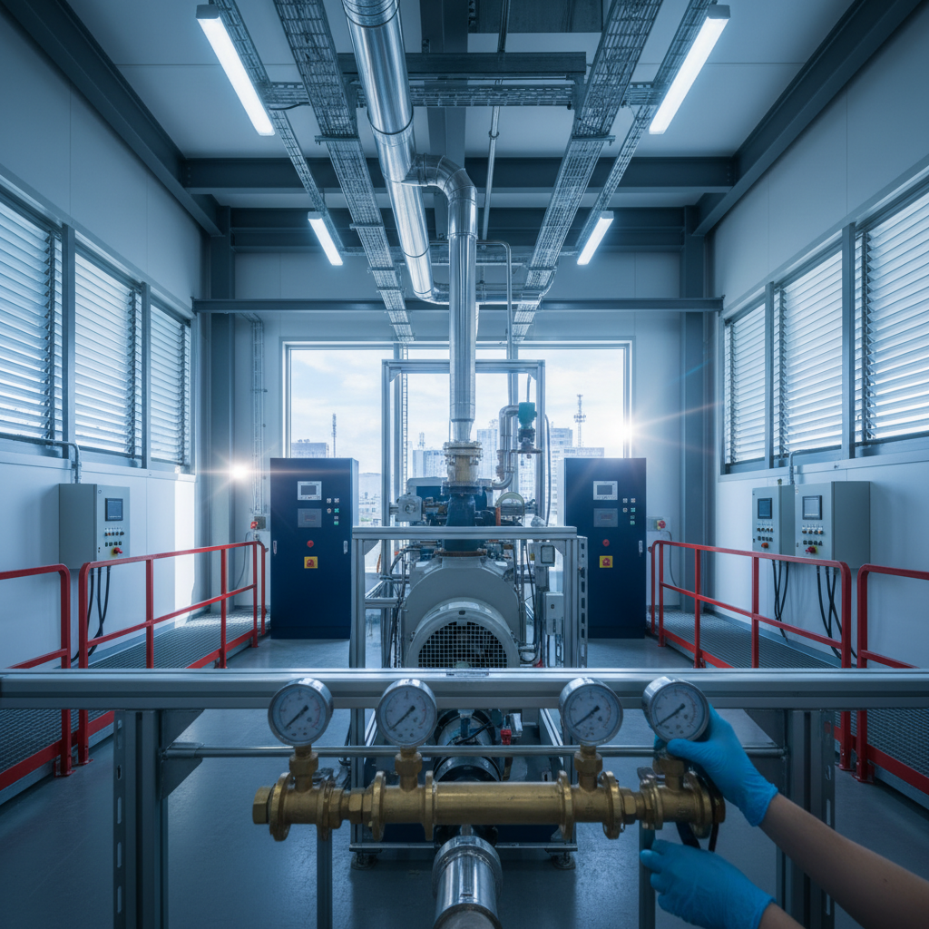 Technician adjusting gauges on heat pump rig in a modern, well-lit plant room with industrial details.