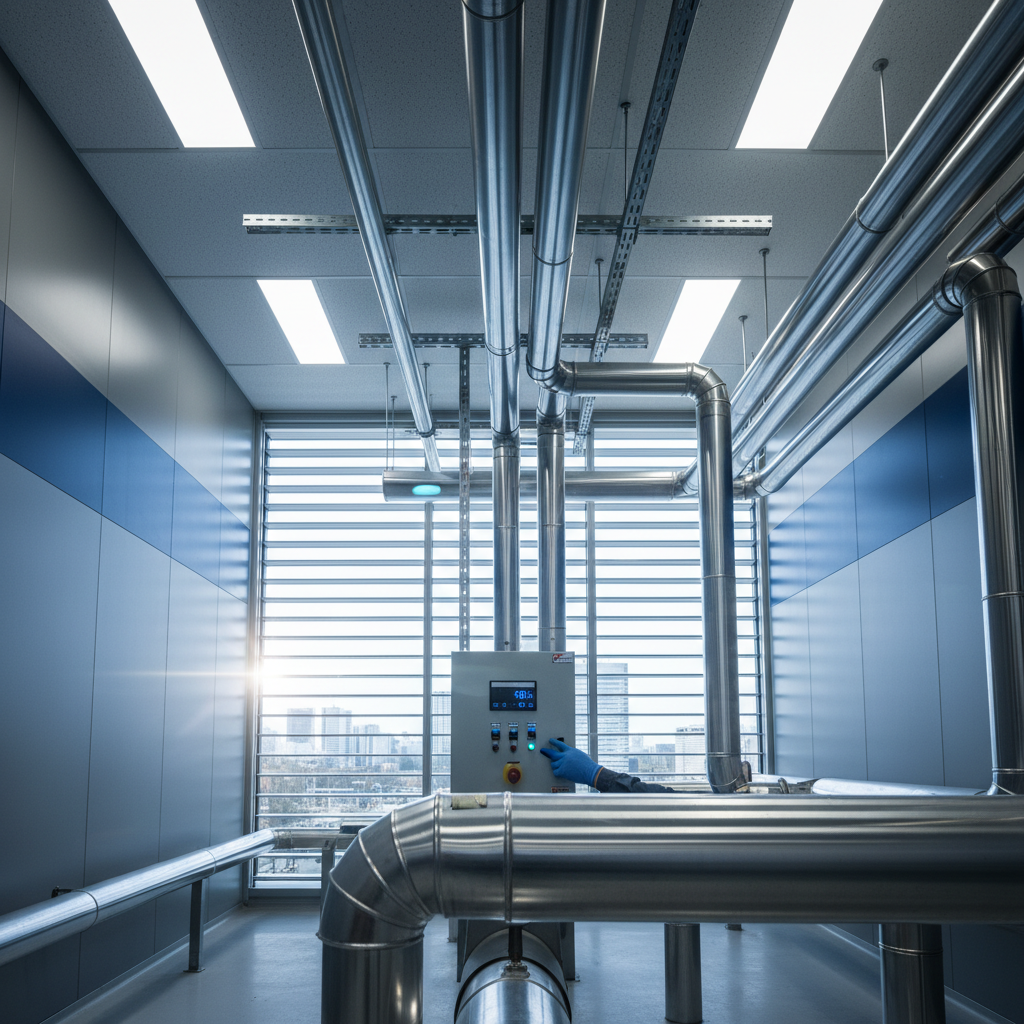 Technician adjusting HVAC controls in a clean plant room with stainless steel pipes and city skyline.