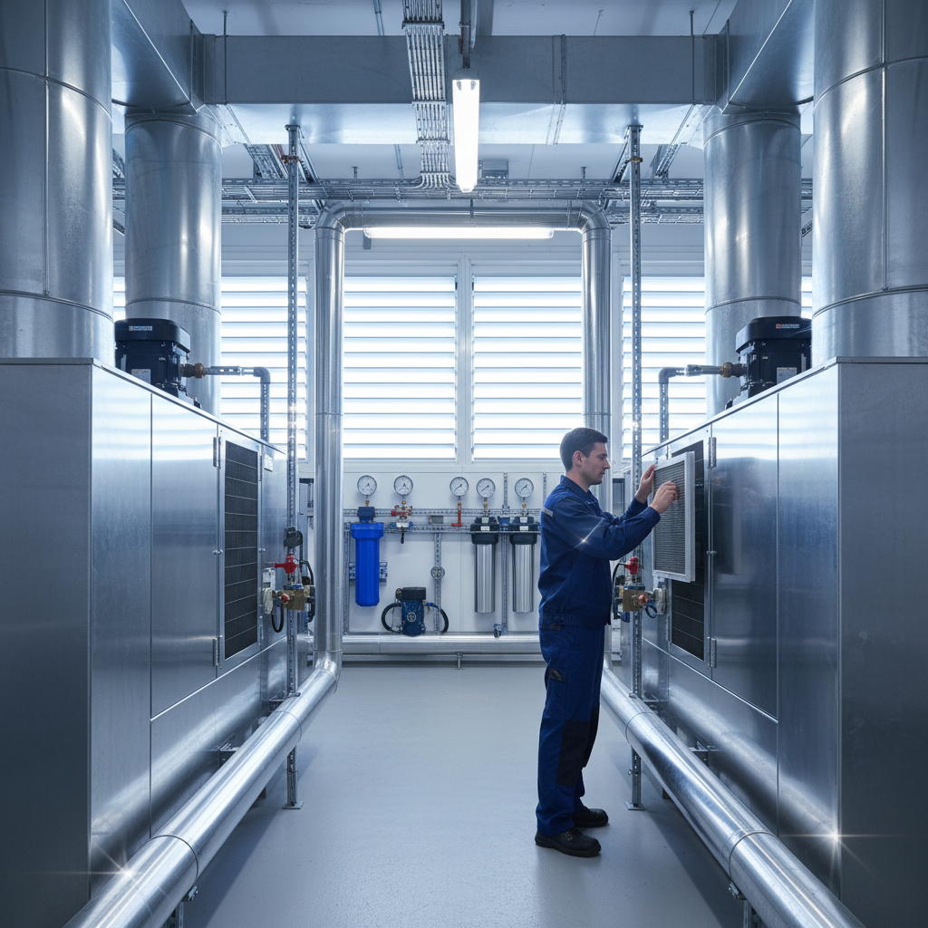 Technician changing AHU filter in a bright, stainless steel plant room with gauges and ductwork.