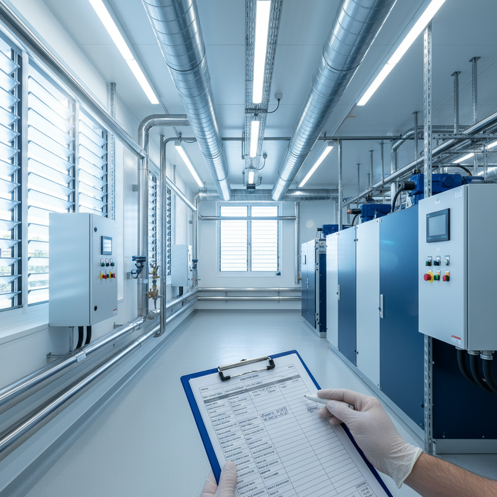 Technician holding clipboard reviewing asset data in a high-tech, well-lit plant room with HVAC equipment.