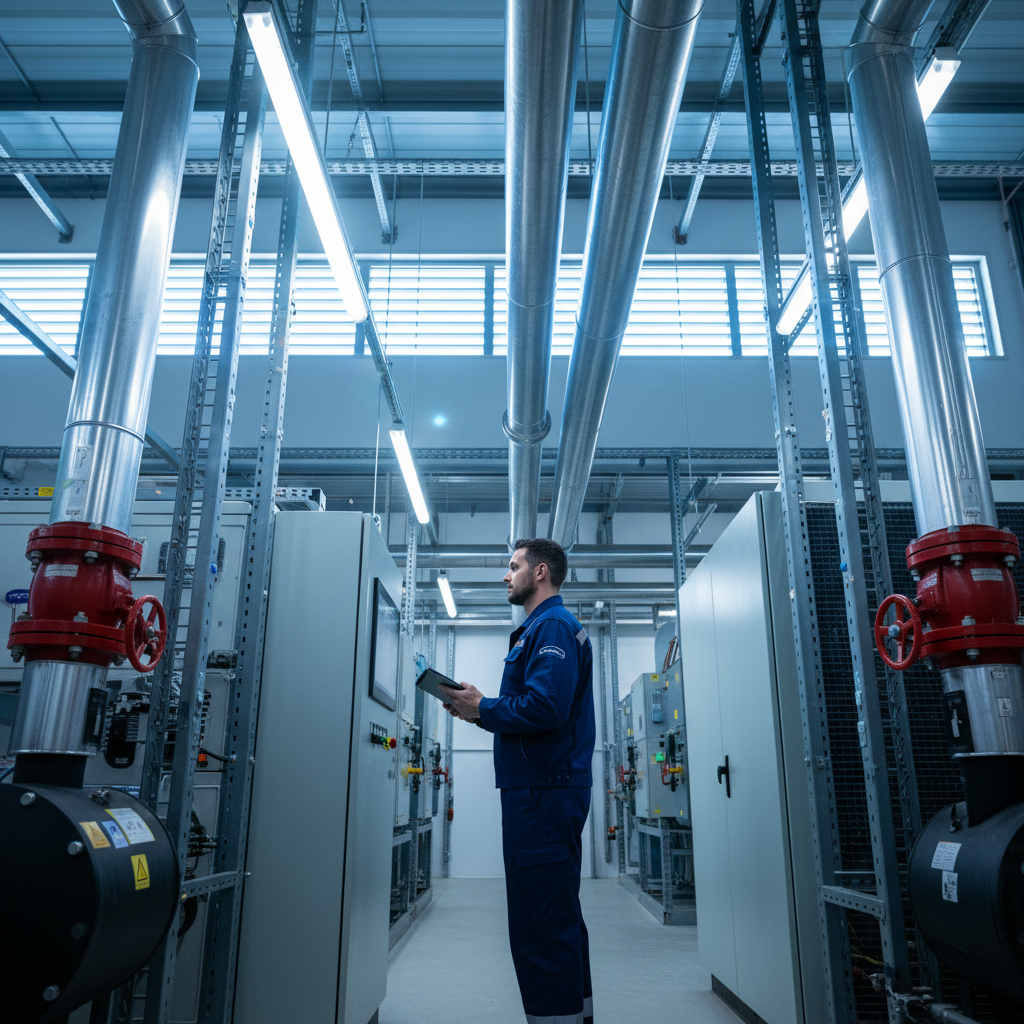 Technician inspecting HVAC control panel in a high-tech, well-lit commercial plant room.