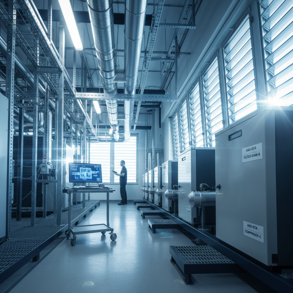 Technician inspecting labeled HVAC assets in a high-tech plant room with digital schematics.
