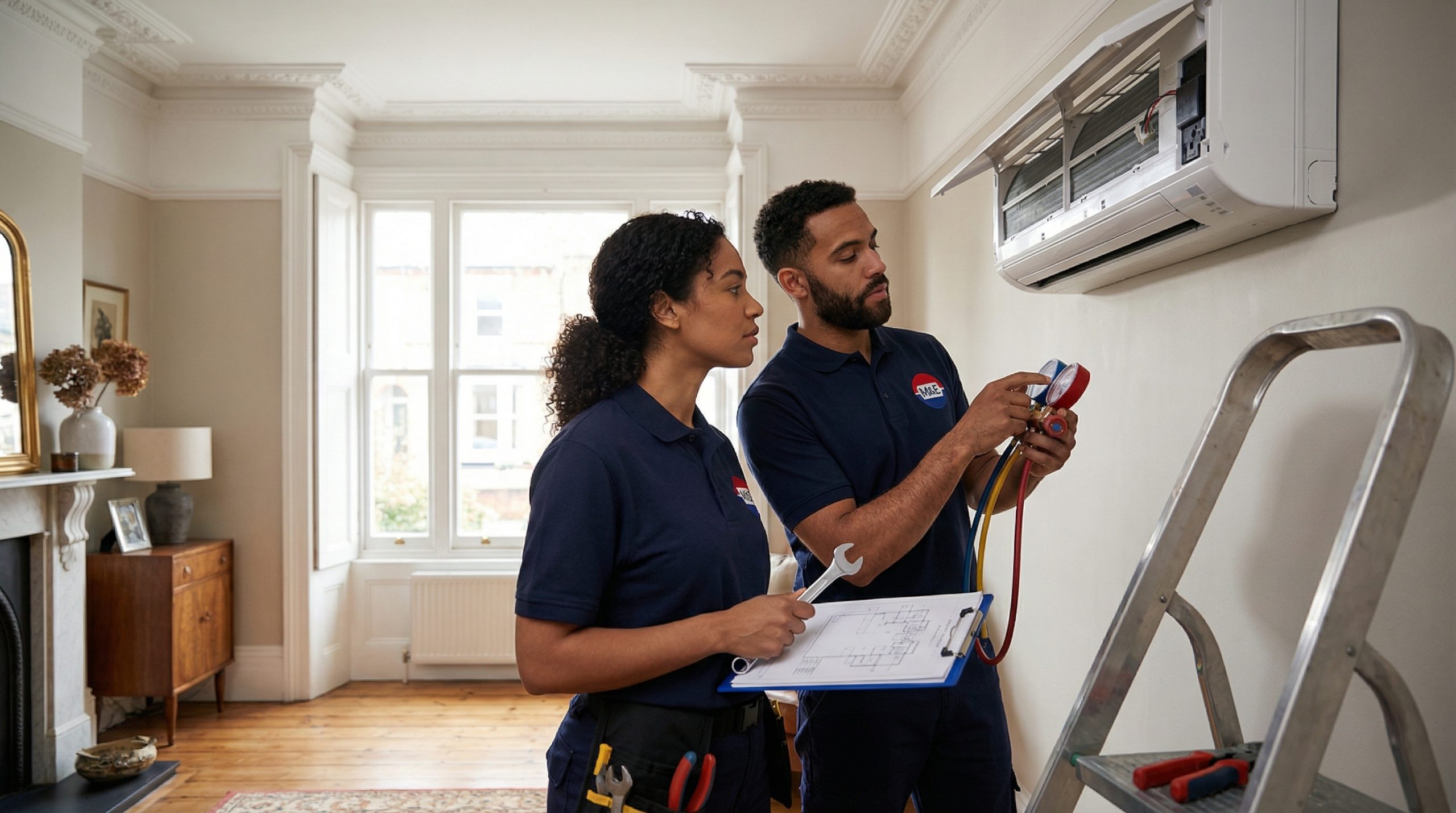 Engineer repairing domestic air conditioning unit in Birmingham home