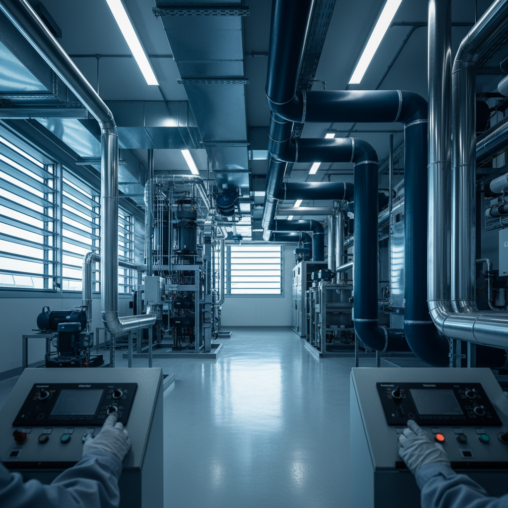 Engineer adjusting control panel in a clean, industrial plant room with stainless steel pipes and HVAC equipment.
