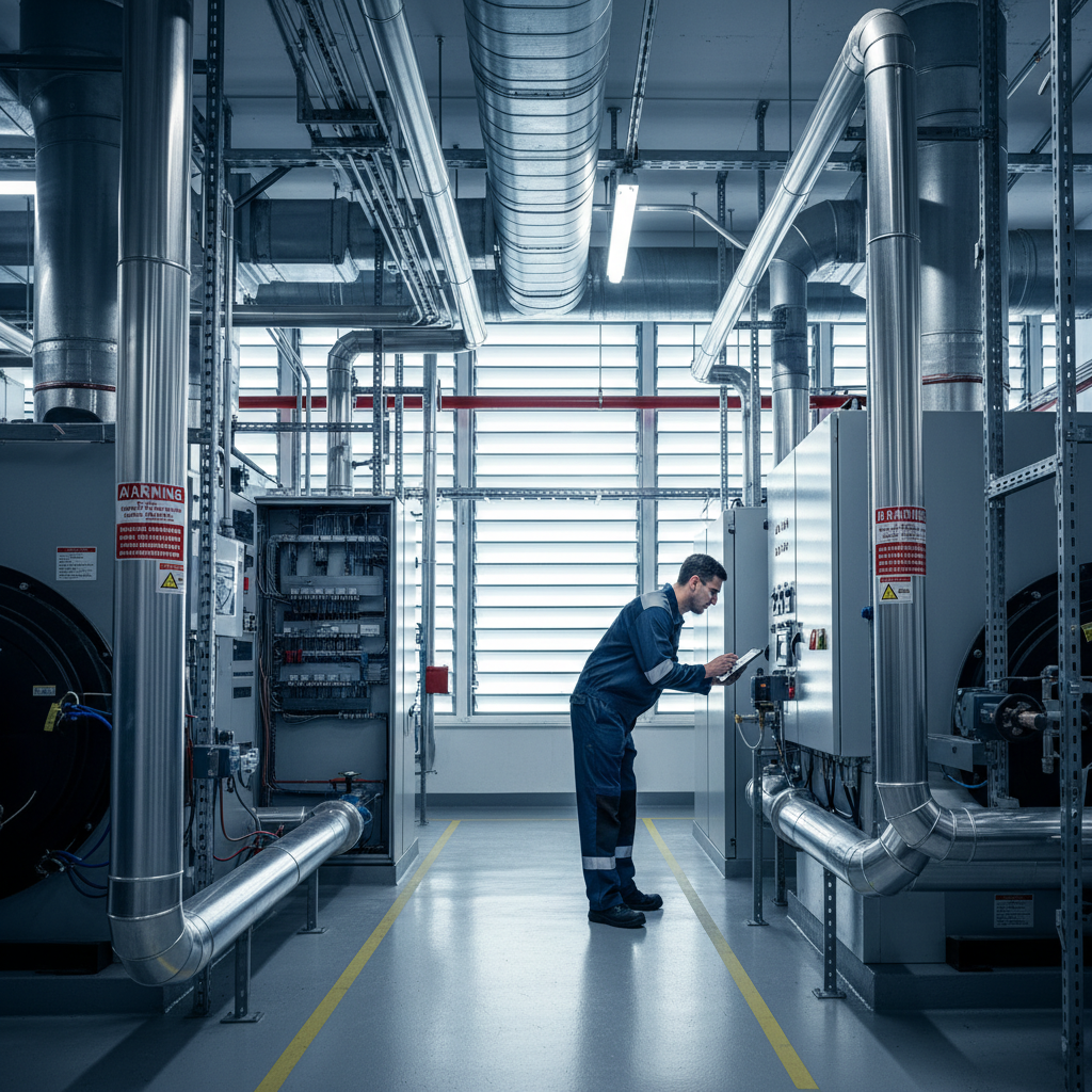 Engineer inspecting digital gauges in a pristine industrial plant room with stainless steel piping.