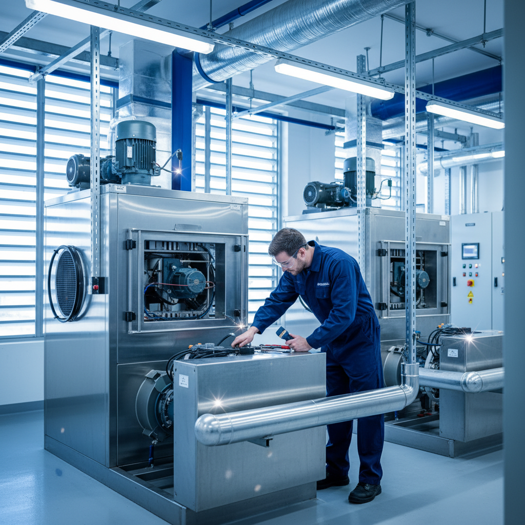 Engineer inspecting filter housing in a clean, well-lit plant room with stainless steel equipment.