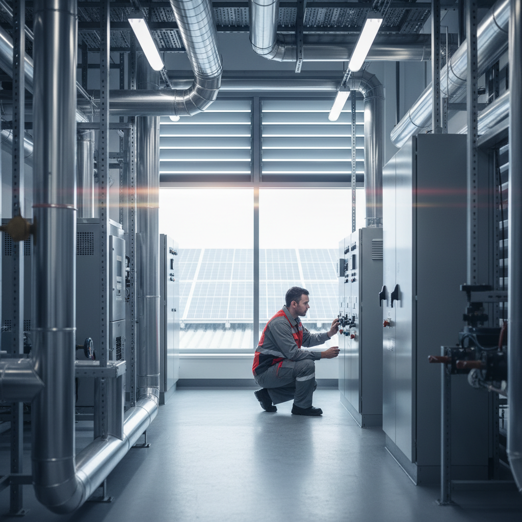 Engineer inspecting HVAC controls in a bright, industrial plant room with solar panels visible through window.