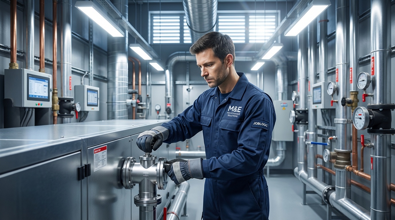 M&E Maintenance Solutions engineer using mobile device to log HVAC service data in real-time on site