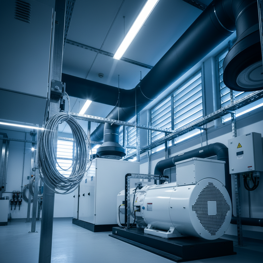 Hyper-realistic industrial plant room with generator, pipes, cables, and labeled junction boxes.