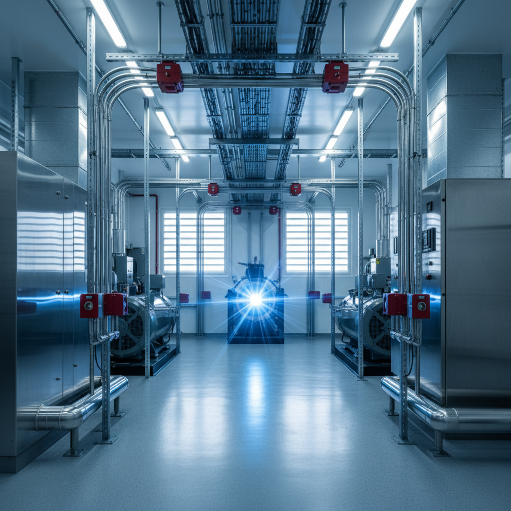 Hyper-realistic plant room with stainless steel generators, cables, junction boxes, and glowing plasma arc.