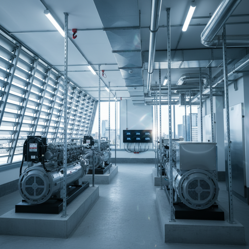 Hyper-realistic rooftop plant room with generators, pipes, gauges, and city skyline background.