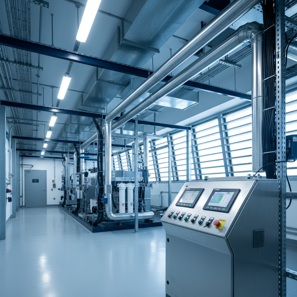 Pristine plant room with generator control panel, stainless steel pipes, and high-tech infrastructure.