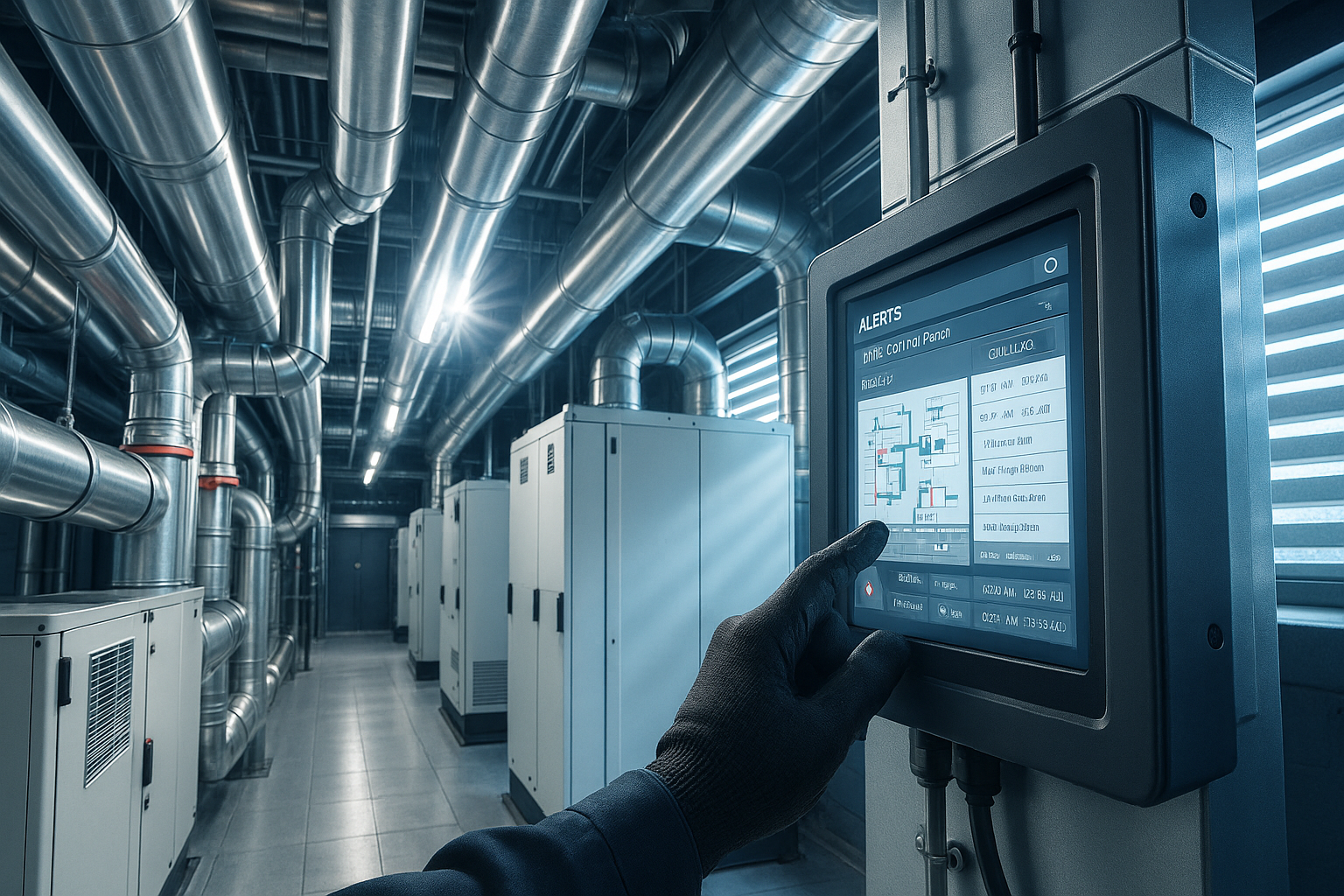 Pristine plant room with technician inspecting digital control panel amid stainless steel HVAC equipment.