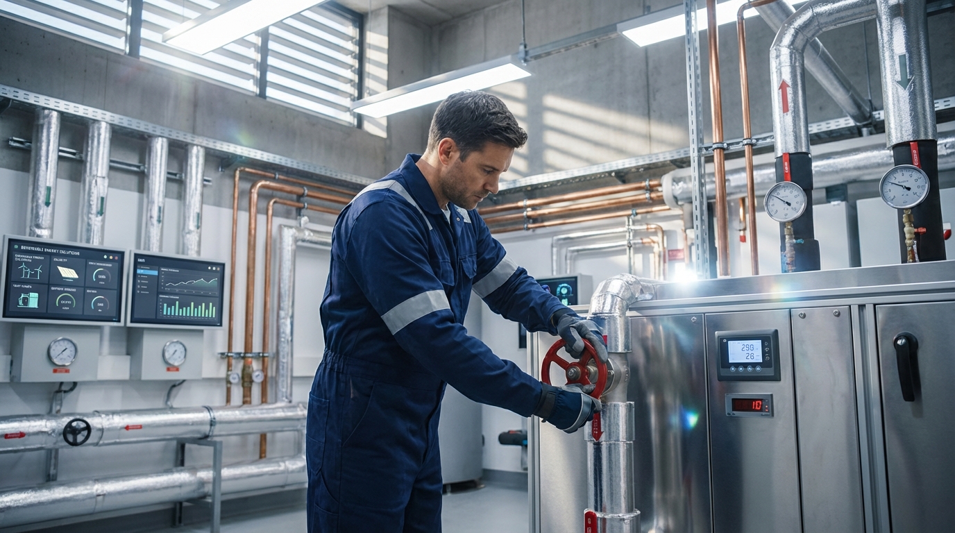 Commercial solar panels installed on warehouse roof with battery storage unit visible