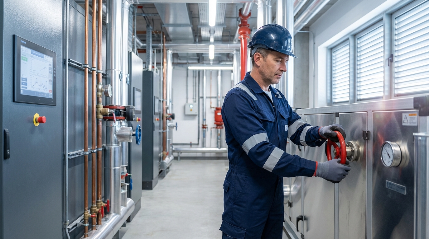 Facility manager inspecting heat pump installation integrated with existing building systems