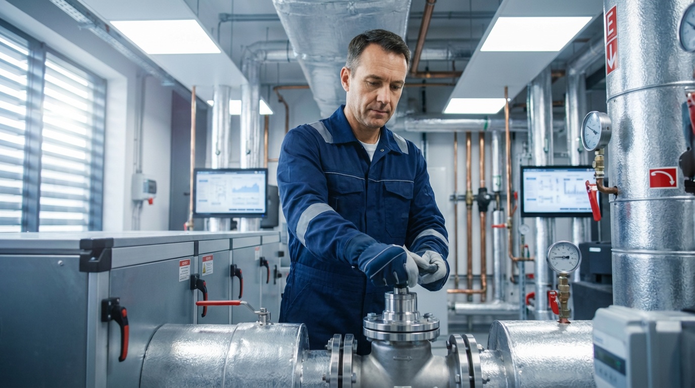 Commercial solar panel installation on UK industrial building roof with heat pump system visible
