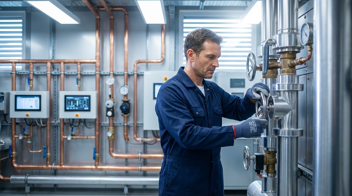 Engineer conducting thermal imaging survey on commercial building for renewable energy assessment