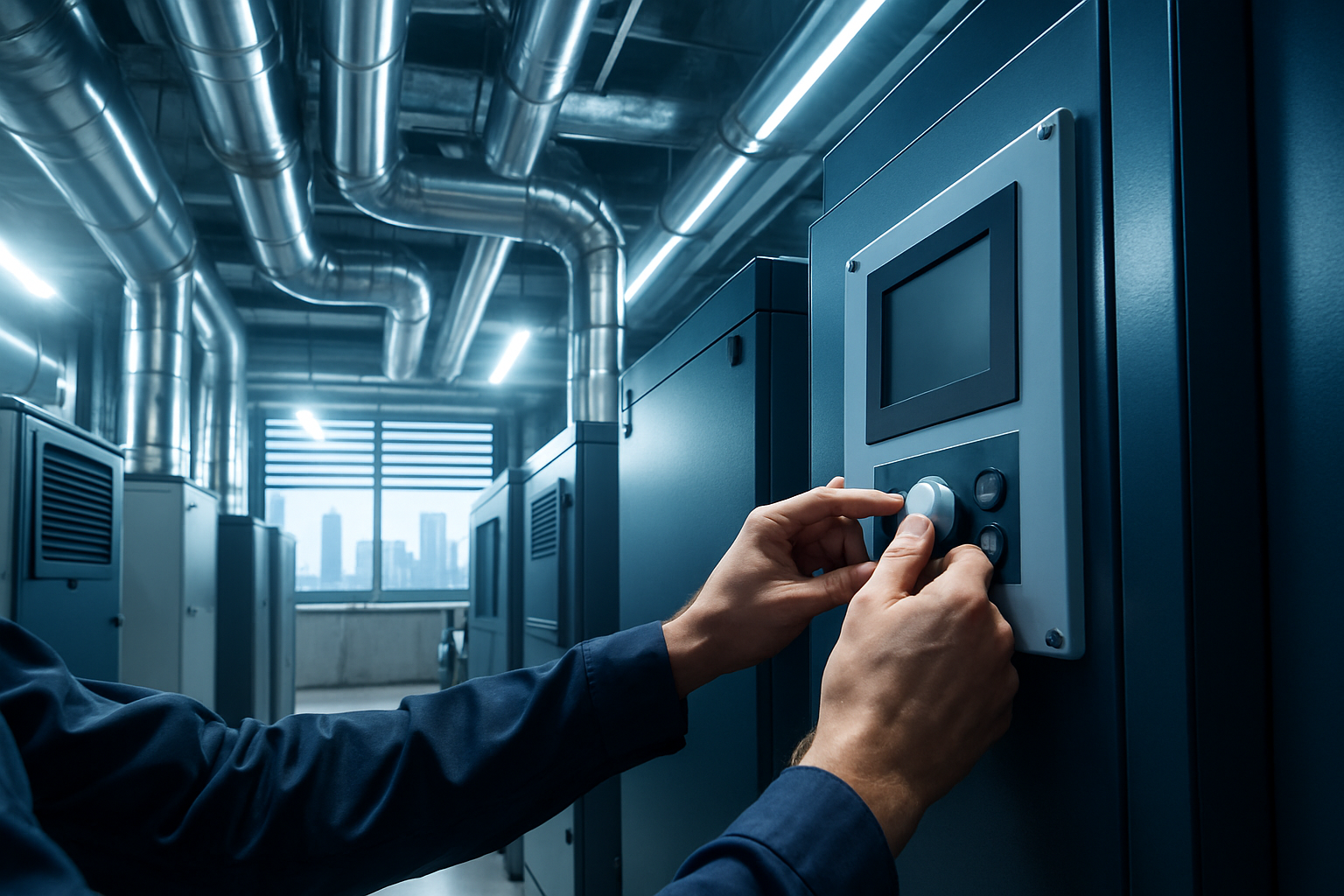Technician adjusting control panel in modern plant room with stainless steel pipes and city skyline