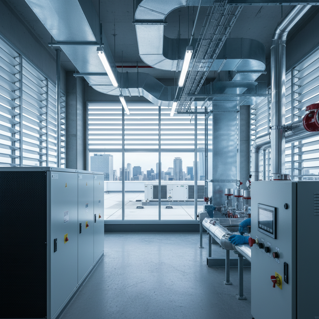 Technician adjusts gauges on generator in a modern, well-lit commercial plant room with HVAC systems.
