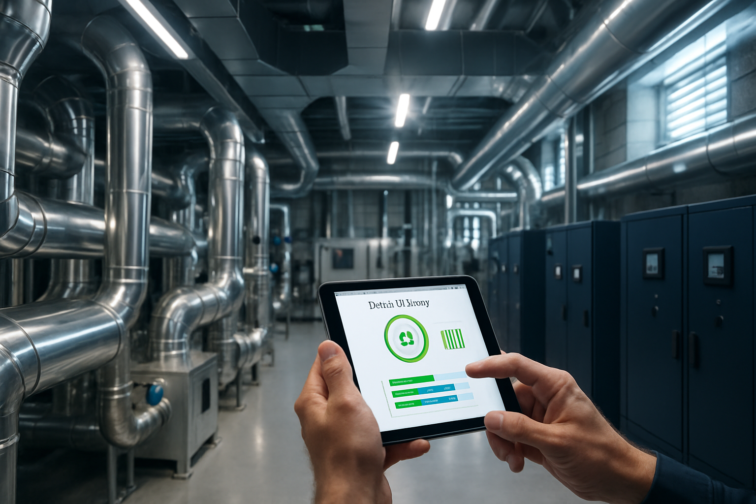 Technician holding tablet in a bright, industrial plant room with stainless steel pipes and HVAC units.