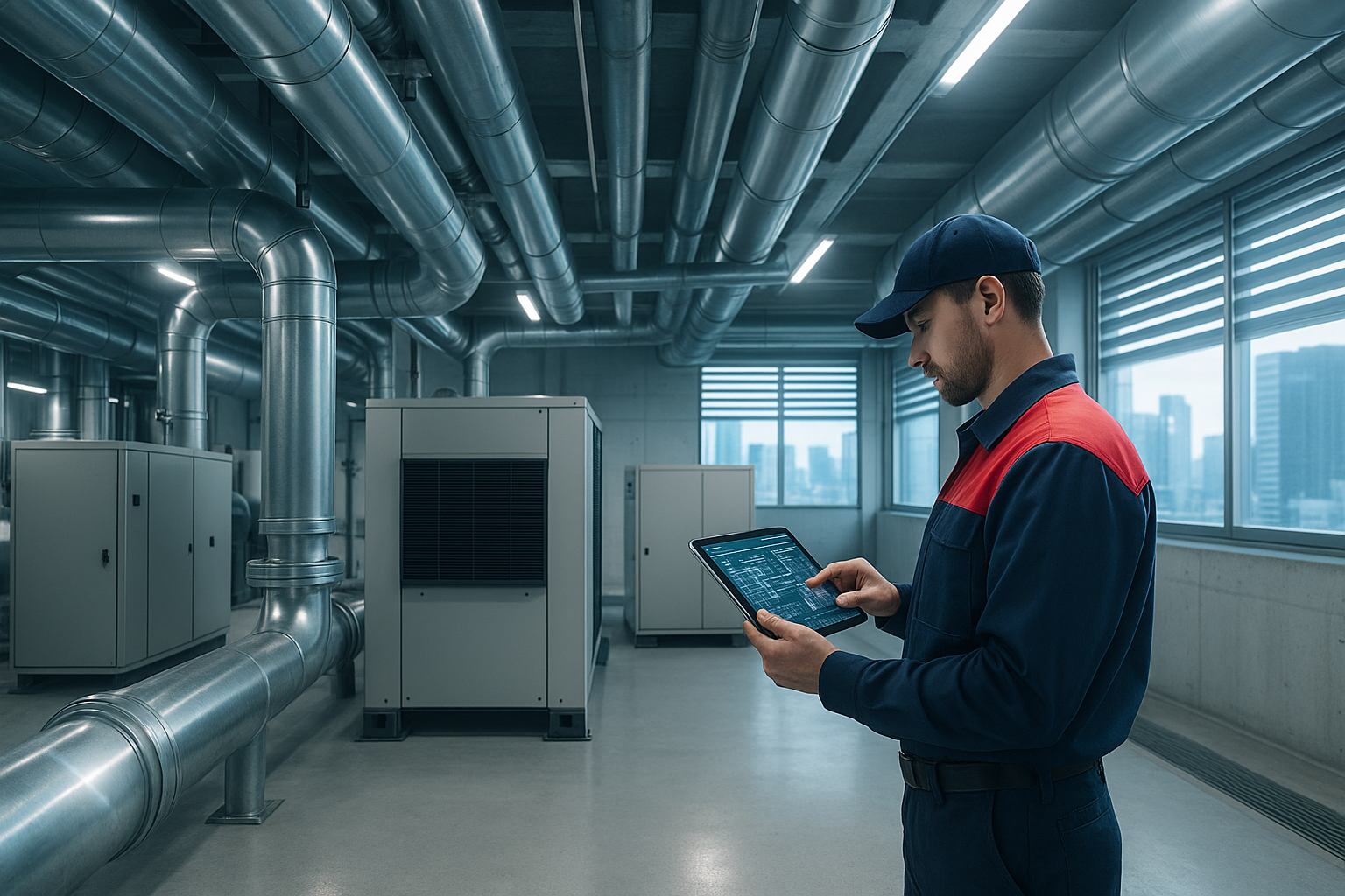 Technician in navy and red reviews schematics near chiller in modern, well-lit plant room.