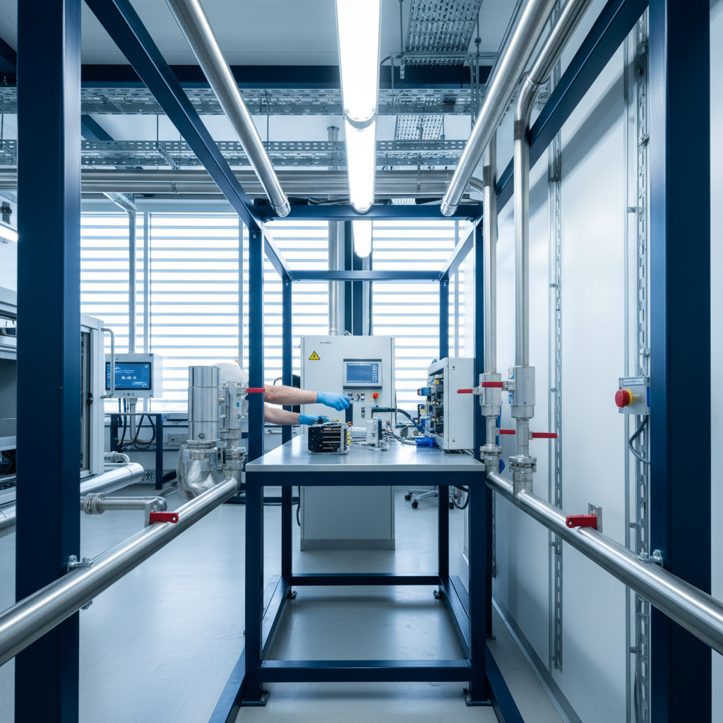 Technician's gloved hands assembling labeled modules in a high-tech, well-lit plant room.