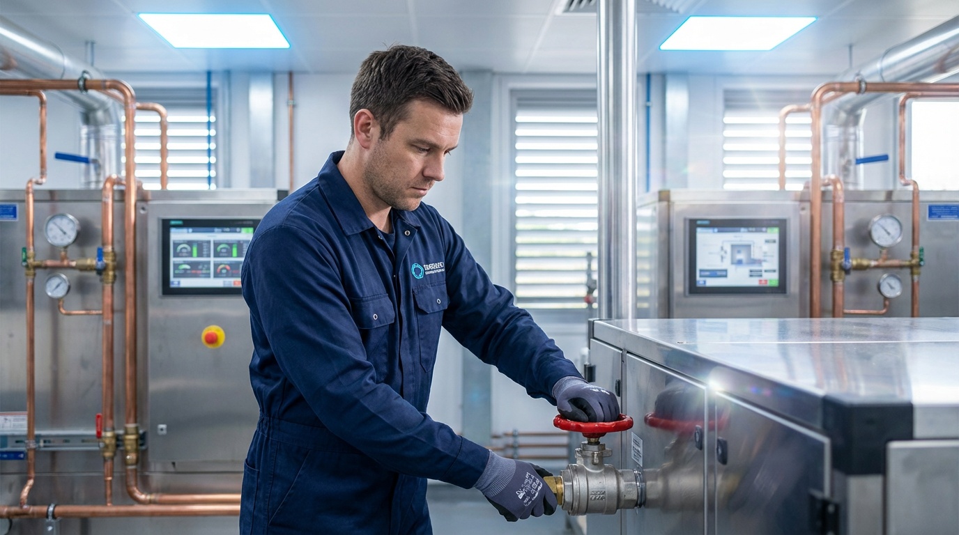 Side-by-side comparison of heat pump and gas boiler installations in a UK commercial building