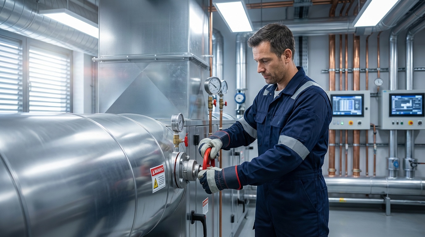 Facility manager reviewing heating system audit checklist with M&E Maintenance Solutions engineer on commercial site