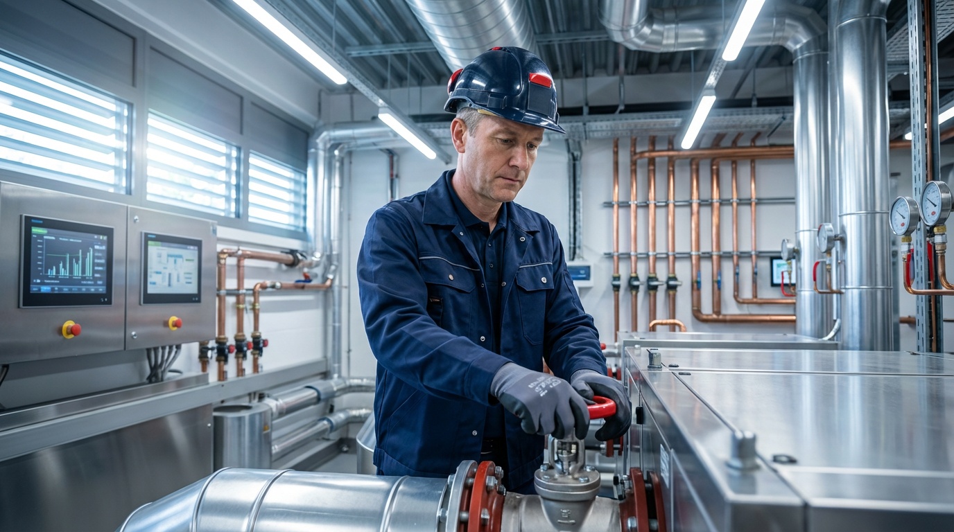 Facility Manager reviewing SFG20 compliance data and PPM performance metrics with M&E Maintenance Solutions