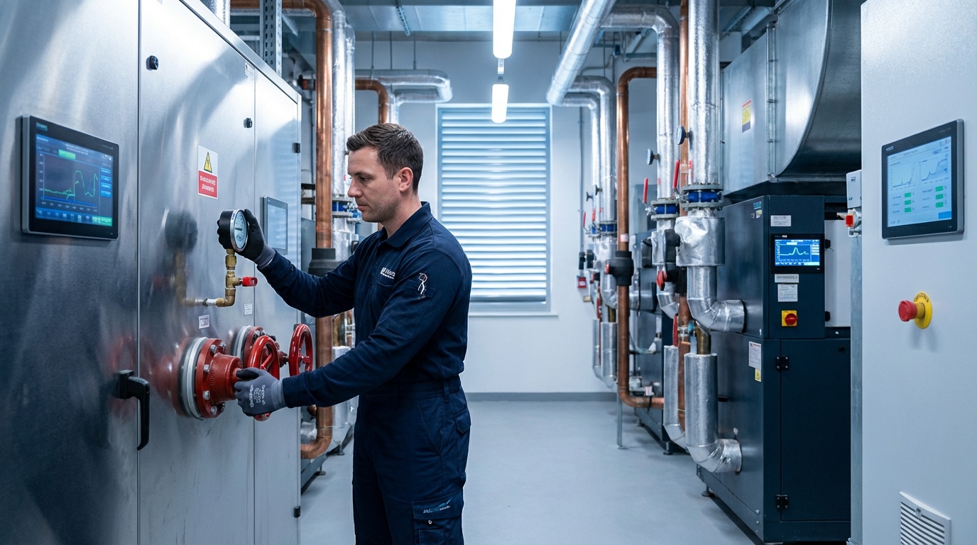 Industrial electrician inspecting motor control centre on a UK manufacturing site