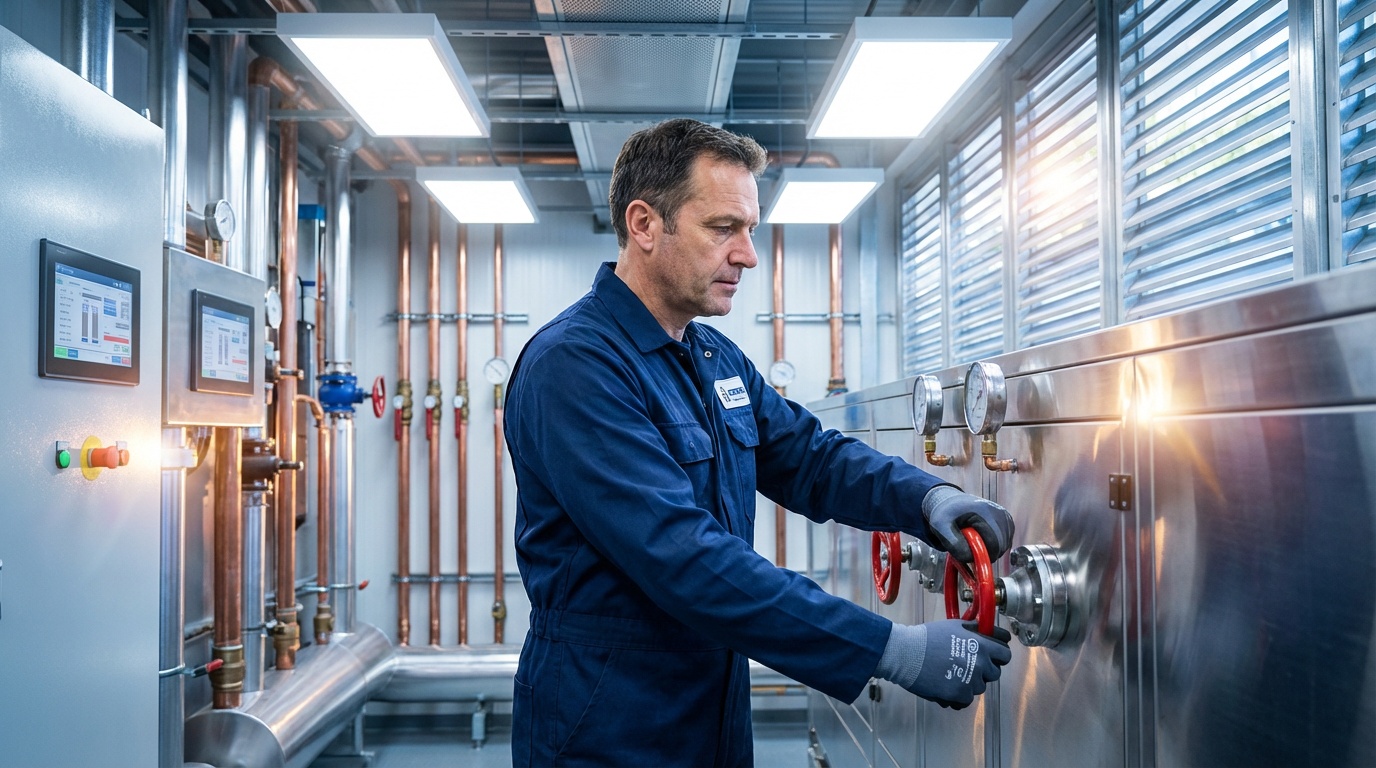 UK facility maintenance engineer completing an EICR compliance check in a commercial plant room