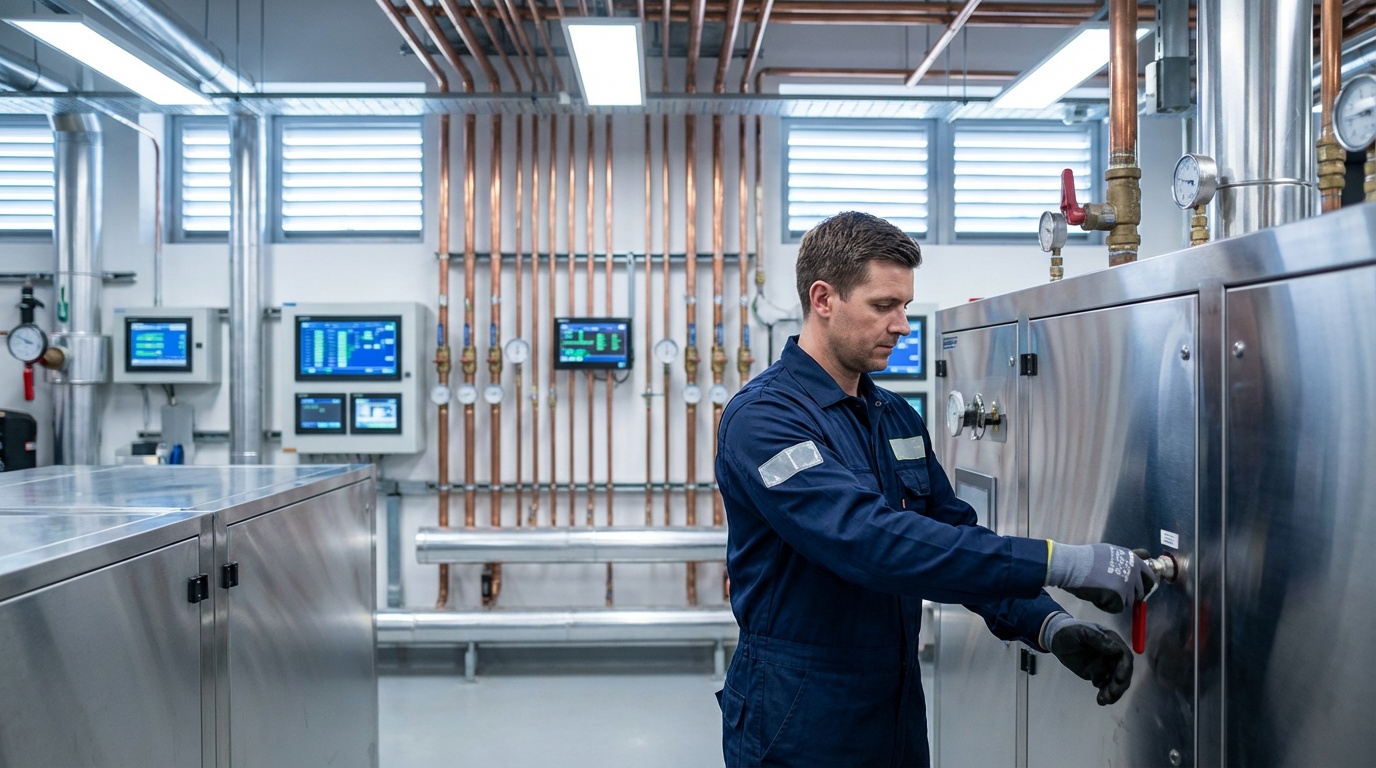 Apprentice industrial electrician working on a commercial distribution board under supervision