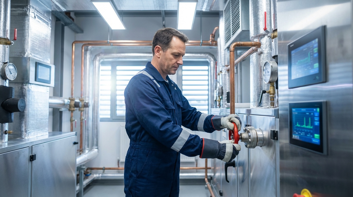 Senior industrial electrician reviewing SFG20 compliance documentation on a commercial estate