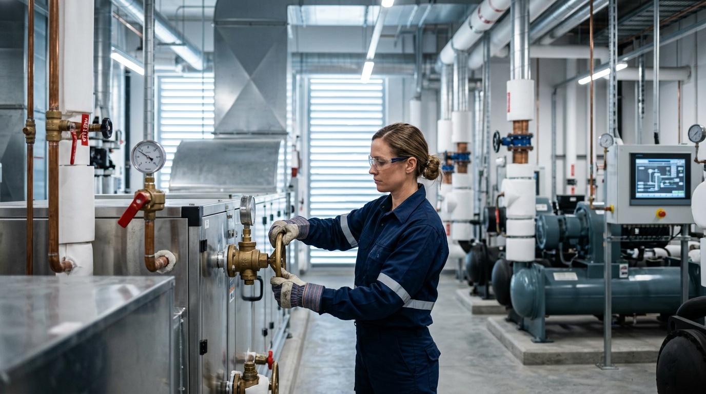 Technician inspecting a commercial HVAC unit as part of affordable 24/7 HVAC emergency services.