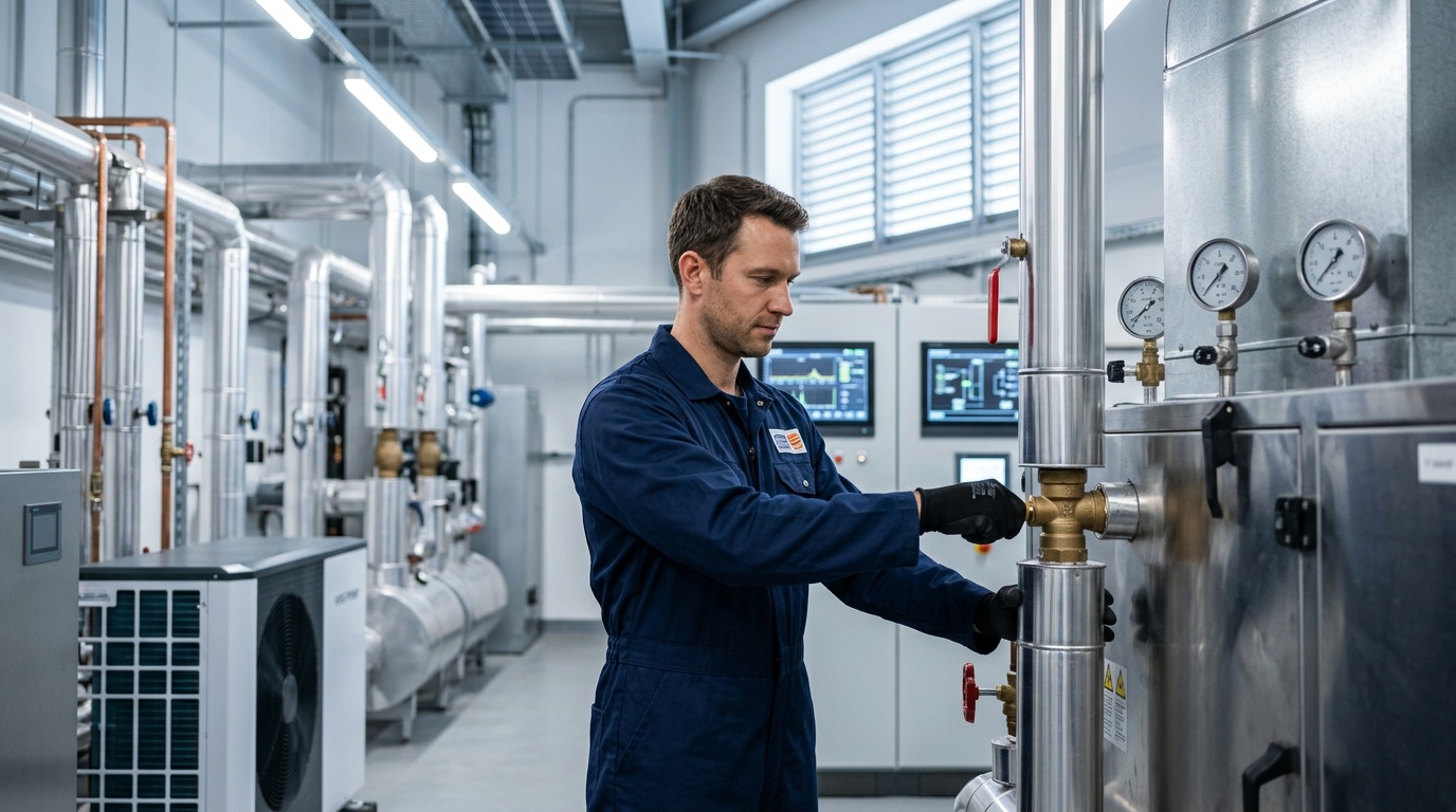 MEMS engineer assessing heat pump integration as part of a sustainable HVAC upgrade.