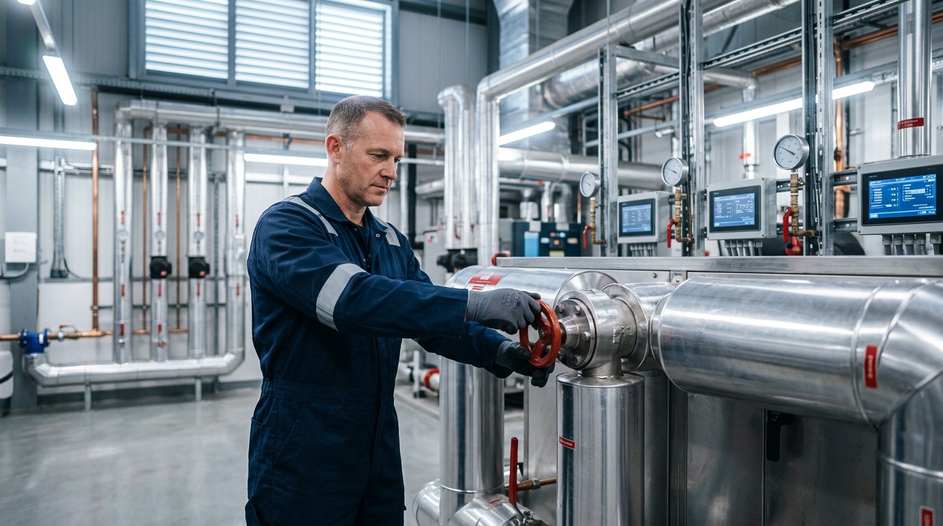 Facility manager reviewing a PPM schedule for commercial AC maintenance