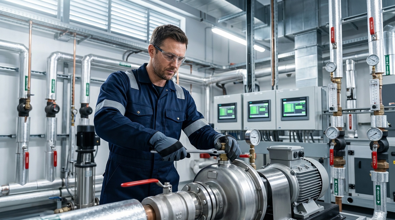 Industrial electrician inspecting a commercial control panel on a UK facility site