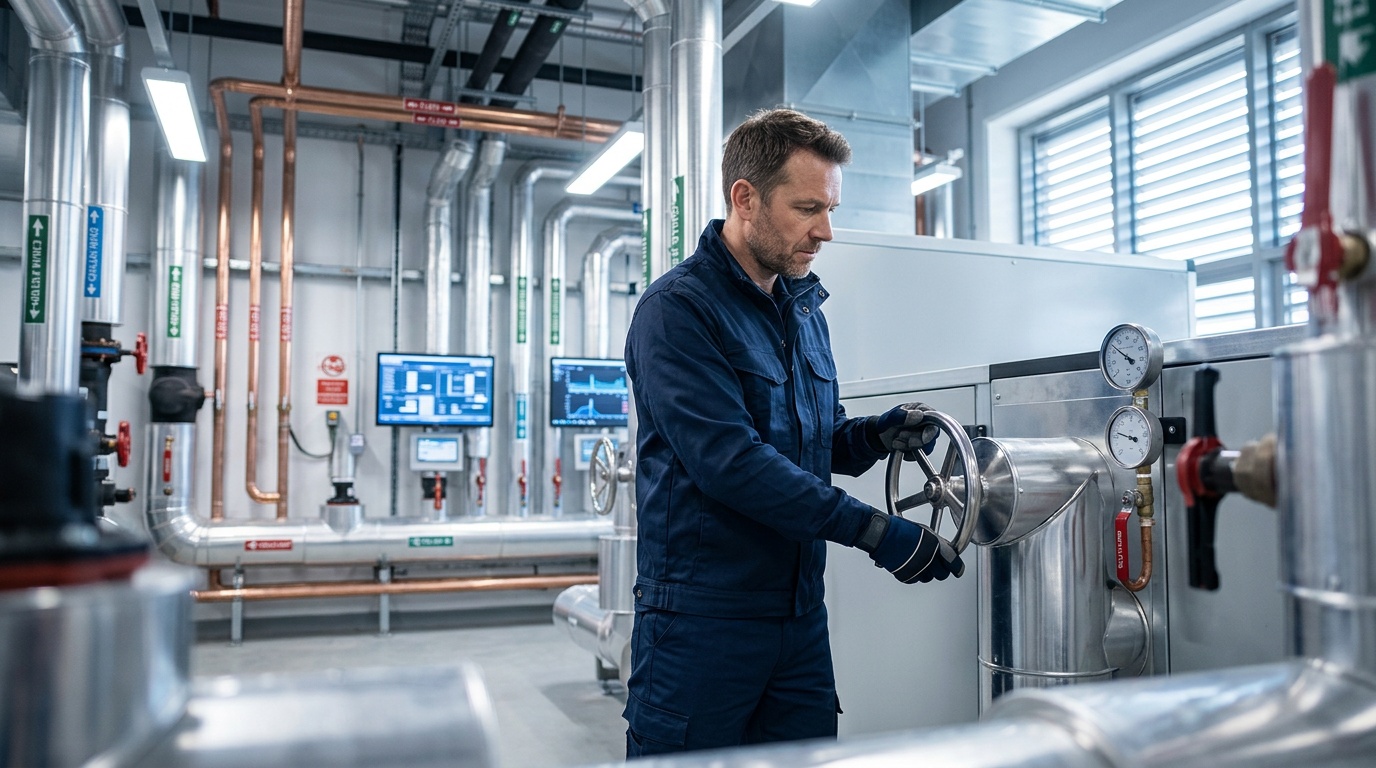 Senior industrial electrician reviewing compliance documentation on a commercial estate in the West Midlands